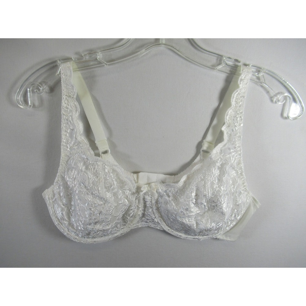 Vintage Olga Shimmerlace Embroidered Lace Bra 36C White Underwire 35017